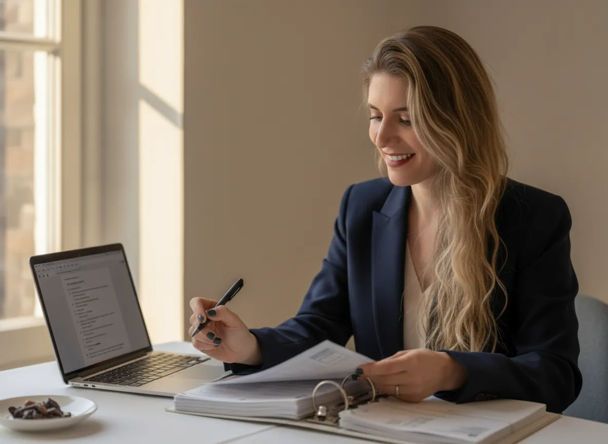 Rebecca reviewing organized medical records at her desk
